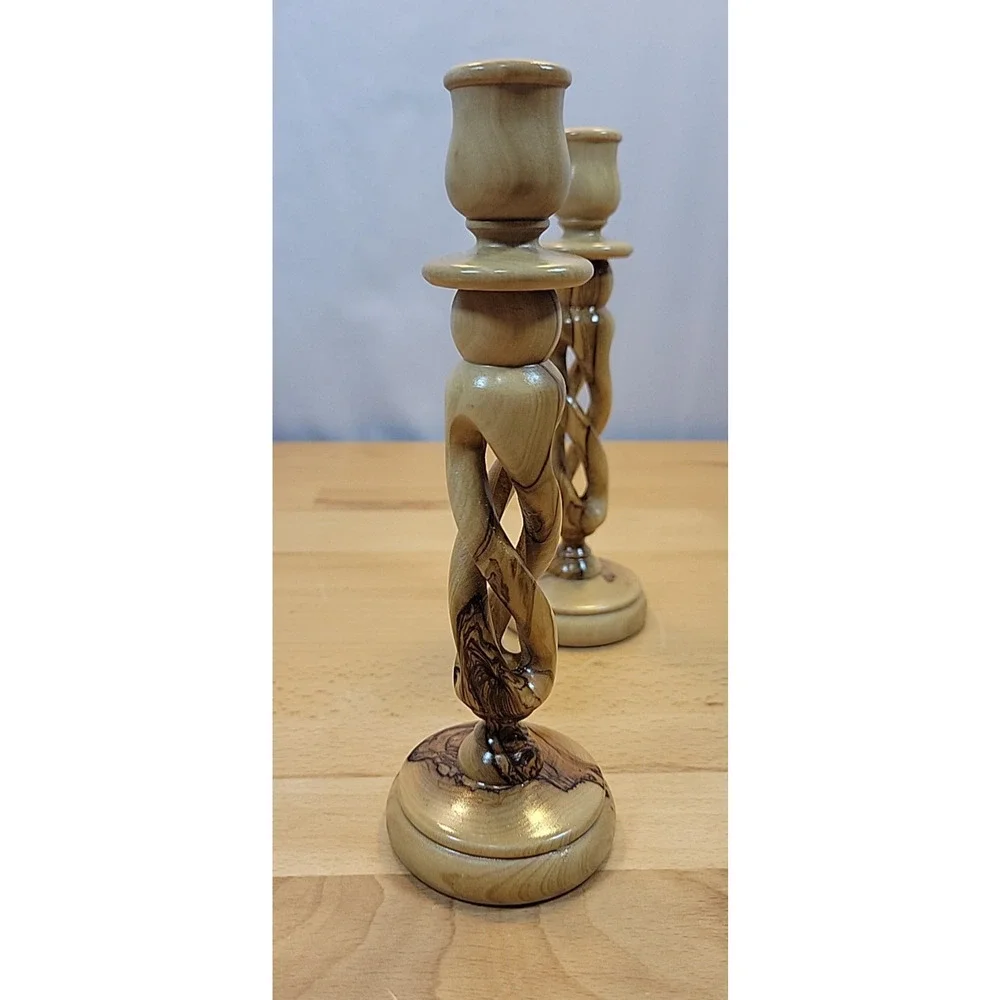 Vintage Twisted Turned wooden candlestick holders Pair carved spiral twist 7.5”